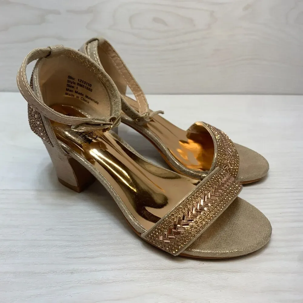 Badgley Mischka Block Heel Sandals Girls Size 1 Gold Rhinestone Ankle Strap